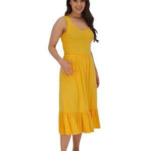 Jason Wu Mustard Yellow Ruffle Midi Dress Size XL Cottage Whimsy Stretch Ruched